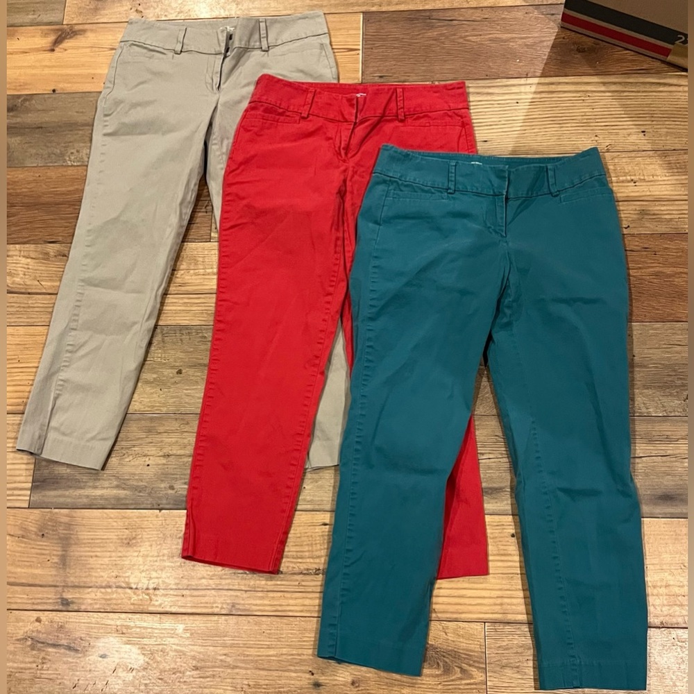 Ann Taylor LOFT size 2 original ankle pants bundle of 3 (khaki red aqua/teal)